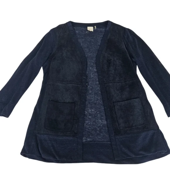 Ecru Deep Blue Linen & Suede Leather  Cardigan - Picture 4 of 11